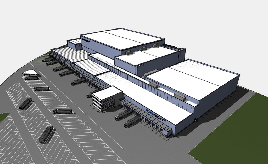 Perspektivische Ansicht des geplanten Neubaus in Herne – mit dem Logistikzentrum verstärkt Nordfrost seine Aktivitäten im Ruhrgebiet.